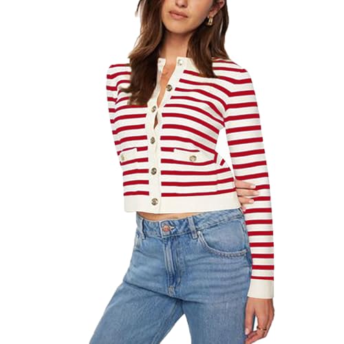 GUOLHUAJIN Women Striped Cardigan Sweaters Button Cropped Knit Crewneck Jackets Casual Coat Fall Outfits with Pockets (Red 1,Large) von GUOLHUAJIN