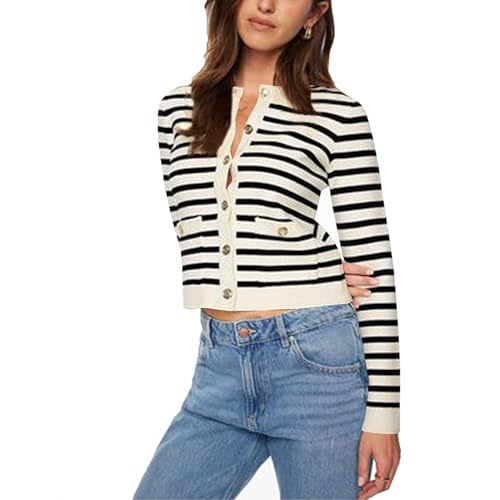 GUOLHUAJIN Women Striped Cardigan Sweaters Button Cropped Knit Crewneck Jackets Casual Coat Fall Outfits with Pockets (White,Small) von GUOLHUAJIN