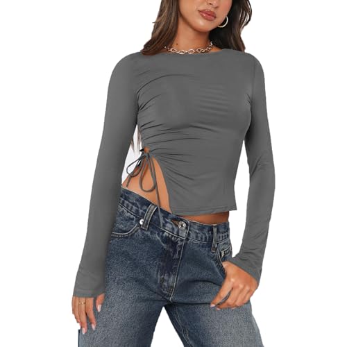 GUOLHUAJIN Women's Long Sleeve Short Round Neck Slim fit Slit Waist top Solid Color Fit Casual T-Shirt (Dark Gray,Medium) von GUOLHUAJIN