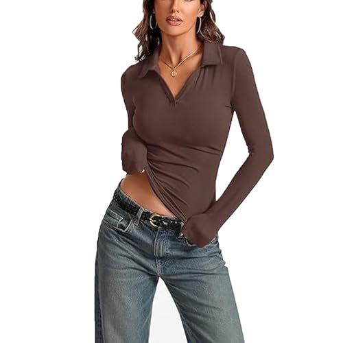 GUOLHUAJIN Womens Long Sleeve V Neck Polo Shirts Business Casual Work Shirt Ribbed Knit Slim Fitted Pullover Tops (Coffee,Small) von GUOLHUAJIN