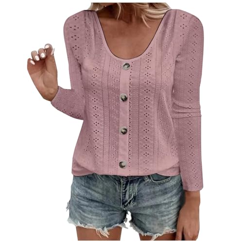 GUOLHUAJIN Womens Loose Scoop Neck Long Sleeve Eyelet Solid Color Tops Casual Fall Tee Tops Blouses with Button Decor (Pink,Large) von GUOLHUAJIN