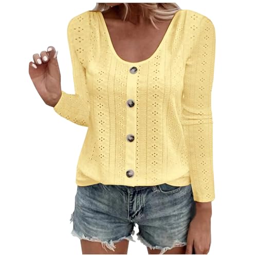 GUOLHUAJIN Womens Loose Scoop Neck Long Sleeve Eyelet Solid Color Tops Casual Fall Tee Tops Blouses with Button Decor (Yellow,Large) von GUOLHUAJIN