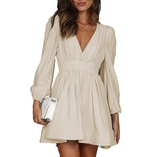 GUOLHUAJIN Womens Mini Dress Deep V Sexy Long Sleeve Dress for A-line High Waisted Casual Flowy Dress (Beige,Small) von GUOLHUAJIN