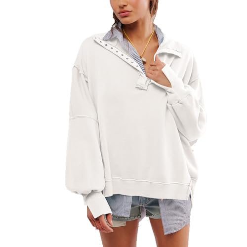 GUOLHUAJIN Womens Oversized Sweatshirt V Neck Button Down Long Sleeve Hooded Sweatshirts Tops Fall Clothes (White,Large) von GUOLHUAJIN