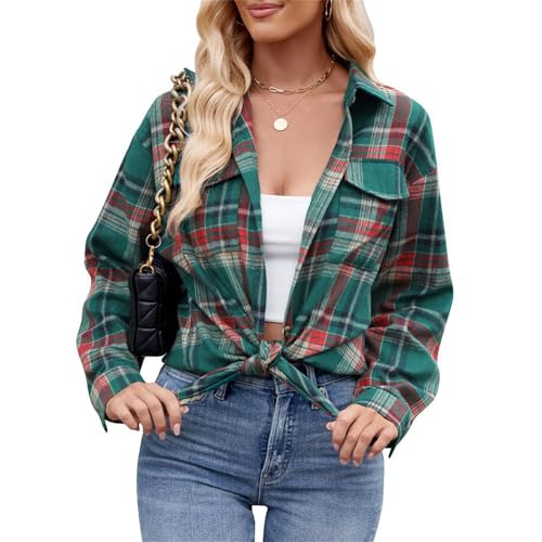 GUOLHUAJIN Womens Plaid Lounge Blouses Full Button Long Sleeve Collar Neck Loose Plaid Shackets Casual Oversized Blouse Top (Dark Green,XX-Large) von GUOLHUAJIN