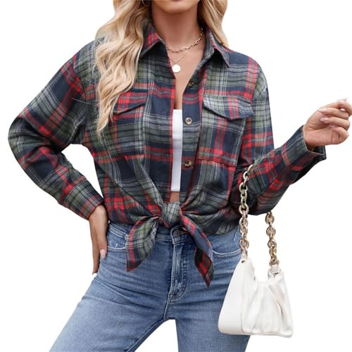 GUOLHUAJIN Womens Plaid Lounge Blouses Full Button Long Sleeve Collar Neck Loose Plaid Shackets Casual Oversized Blouse Top (Navy Blue,XX-Large) von GUOLHUAJIN