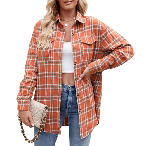 GUOLHUAJIN Womens Plaid Lounge Blouses Full Button Long Sleeve Collar Neck Loose Plaid Shackets Casual Oversized Blouse Top (Orange,XX-Large) von GUOLHUAJIN