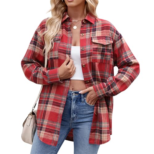 GUOLHUAJIN Womens Plaid Lounge Blouses Full Button Long Sleeve Collar Neck Loose Plaid Shackets Casual Oversized Blouse Top (Red+Khaki,Small) von GUOLHUAJIN