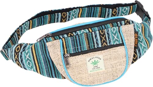 GURU SHOP Praktische Hanf Gürteltasche, Crossbag, Ethno Bauchtasche, Crossbody Tasche - Natur/türkisblau, Herren/Damen, Baumwolle, Size:One Size, 15x20x8 cm, Festival- Bauchtasche Hippie von GURU SHOP