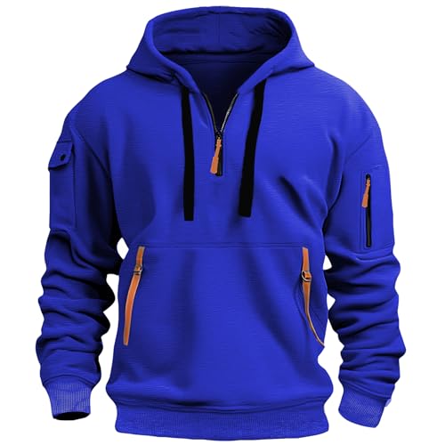 GVCXCSGE Herren-Kapuzenpullover mit halbem Reißverschluss, Viertelreißverschluss, langärmeliger Kapuzenpullover mit Cargo-Tasche, Herrenjacke, Sweatshirt (Blue,Medium) von GVCXCSGE