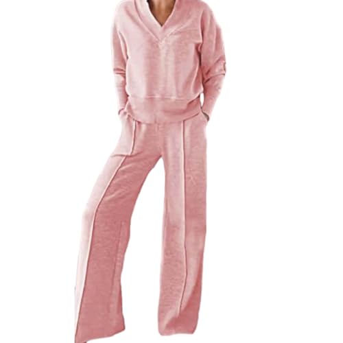 GXJIXf Women's Solid Color V-Neck Top & Pants Two-Piece Set, Sweatshirt Sets for Women, 2 Piece Lounge Women Travel Set (Pink,XXL) von GXJIXf