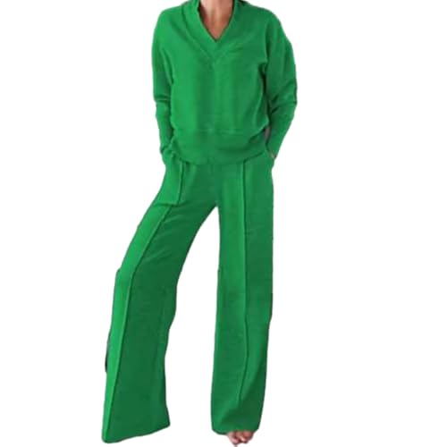 Women's Solid Color V-Neck Top & Pants Two-Piece Set, Sweatshirt Sets for Women, 2 Piece Lounge Women Travel Set (Green,3XL) von GXJIXf