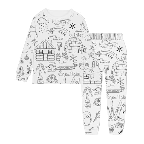 Flanell Pyjama Kinder, Pyjama Zum Ausmalen Kinder, Set Nachtwäsche Winter Weiß Cartoon Druck Kunst Färben Hausanzug DIY Handbemaltes Homewear Zweiteilig Schlafanzug Loungewear von GXYANiaoy