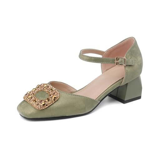 GXYHJVMFPSC Damen Quadratischer Kopf Hohle Sandalen Schnalle Satin Strasssteine Hoher Absatz Dicker Absatz Absatzhöhe 5CM, Green,43 von GXYHJVMFPSC