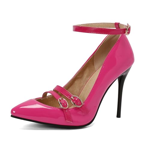 GXYHJVMFPSC Damen Spitze Spitze Hoher Absatz Pumps Schnallenriemen Lackleder Dünne Absätze Absatzhöhe 10CM, Rose,36 von GXYHJVMFPSC