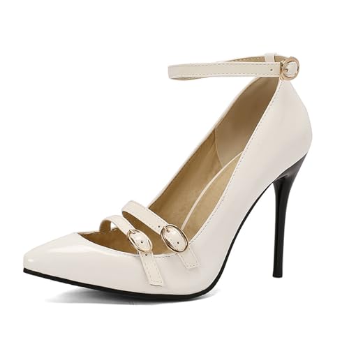 GXYHJVMFPSC Damen Spitze Spitze Hoher Absatz Pumps Schnallenriemen Lackleder Dünne Absätze Absatzhöhe 10CM, White,34 von GXYHJVMFPSC