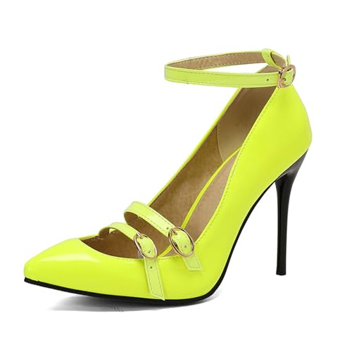 GXYHJVMFPSC Damen Spitze Spitze Hoher Absatz Pumps Schnallenriemen Lackleder Dünne Absätze Absatzhöhe 10CM, Yellow,38 von GXYHJVMFPSC