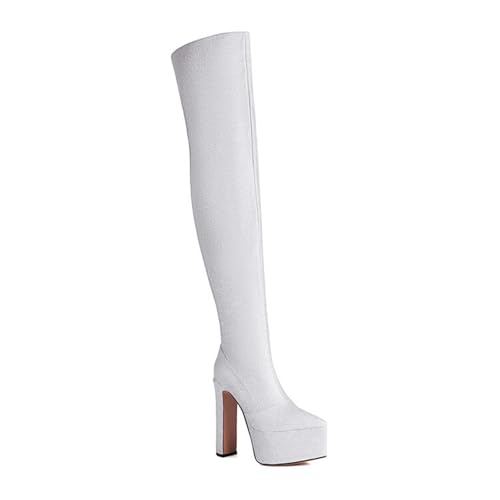 GXYHJVMFPSC Oberschenkelstiefel für Damen Overknee-Stiefel Hoher Absatz Streugut Dünne Absätze wasserdichte Plattform Seitlicher Reißverschluss Hohe 16CM,Silver,36 von GXYHJVMFPSC