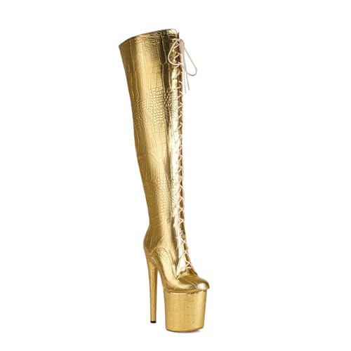 GXYHJVMFPSC Spitze Damenspitze Overknee-Stiefel Oberschenkelstiefel Kniehohe Stiefel wasserdichte Plattform Dekorative Krawatte Vorne Seitlicher Reißverschluss Hohe 20 cm,Gold,39 von GXYHJVMFPSC