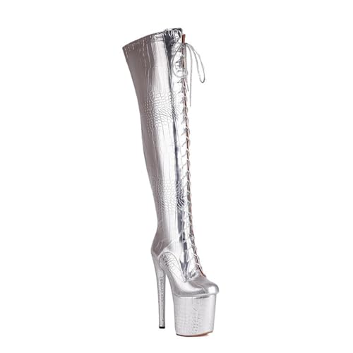 GXYHJVMFPSC Spitze Damenspitze Overknee-Stiefel Oberschenkelstiefel Kniehohe Stiefel wasserdichte Plattform Dekorative Krawatte Vorne Seitlicher Reißverschluss Hohe 20 cm,Silver,35 von GXYHJVMFPSC