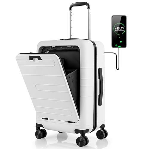 GYMAX 20” Koffer mit Vordertasche, Reisegepäck mit USB-Ladeanschluss, ausklappbarer Tischplatte, Handgepäck mit Spinnerrädern, Gepäckstück aus PC mit TSA-Schloss für Geschäftsreisen (Weiß) von GYMAX