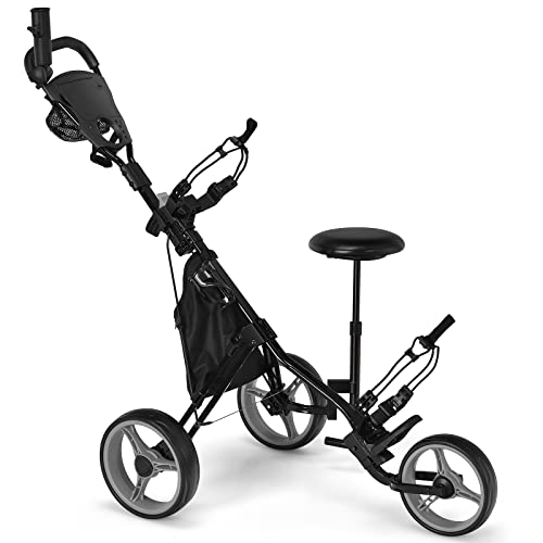 GYMAX 3-Rad Golf Push Trolley, klappbarer Golfwagen, Golftrolley, Golfcaddy mit Sitz & Verstellbarer Griff (Grau) von GYMAX
