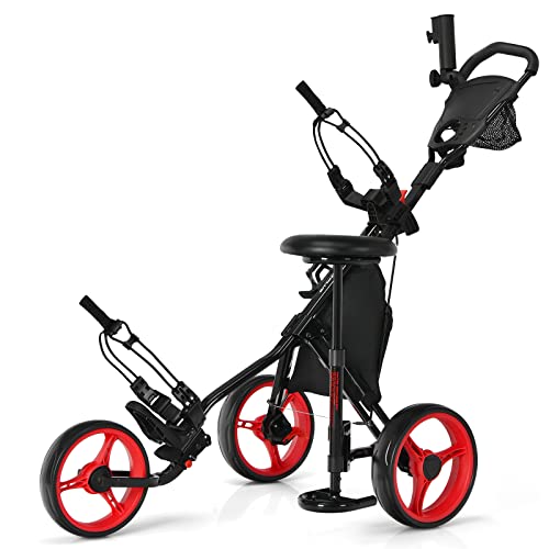 GYMAX Golf Push Trolley klappbar, 3-Rad Golfwagen mit Sitz & Verstellbarer Griff, Golftrolley, Golfcaddy, Golf Push Cart inkl. Scoreboard, Flaschehalter, Schirmhalter & Aufbewahrungstasche (Rot) GYMAX Golf Push Trolley klappbar, 3-Rad Golfwagen mit Sitz & Verstellbarer Griff, Golftrolley, Golfcaddy, Golf Push Cart inkl. Scoreboard, Flaschehalter, Schirmhalter & Aufbewahrungstasche (Rot) von GYMAX