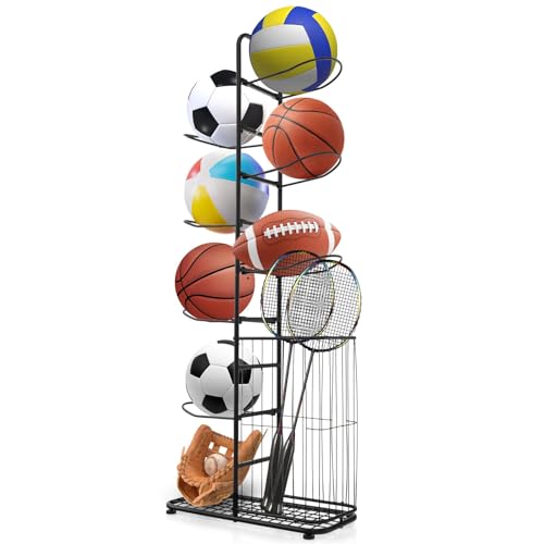 GYMAX Ballständer, Sportball Aufbewahrungsregal, vertikales Ball Regal mit Körben & Haken, Ball Aufbewahrungshalter für Sportgeräte, Sportgeräte Organizer für Basketball, Fußball & Volleyball GYMAX Ballständer, Sportball Aufbewahrungsregal, vertikales Ball Regal mit Körben & Haken, Ball Aufbewahrungshalter für Sportgeräte, Sportgeräte Organizer für Basketball, Fußball & Volleyball von GYMAX