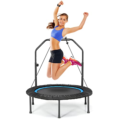 GYMAX Fitness Trampolin φ101cm, leise faltbares Mini Trampolin bis zu 150 kg Belastbar, Gartentrampolin mit höheverstellbarem Schaumstoffgriff & 2 Widerstandsbänder, für Erwachsene & Kinder (Blau) GYMAX Fitness Trampolin φ101cm, leise faltbares Mini Trampolin bis zu 150 kg Belastbar, Gartentrampolin mit höheverstellbarem Schaumstoffgriff & 2 Widerstandsbänder, für Erwachsene & Kinder (Blau) von GYMAX