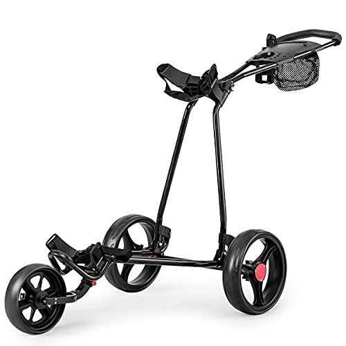 GYMAX Golftrolley faltbar, Golfwagen 3 Rad mit Anzeigetafel & Regenschirmhalter, Golf Push Cart mit verstellbarem Griff, aus Eisen, Schwarz von GYMAX