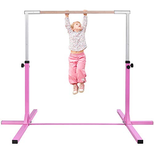 GYMAX Gymnastik Turnreck bis 100 kg belastbar, Kinder Reck mit 12-stufig höhenverstellbar (91 cm-150 cm), Turnstange, Turnreck mit stabilem Ständer & Doppelschlosssystem (Rosa) von GYMAX