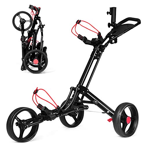 GYMAX Klappbarer Golfwagen, 3-Rad Golf Push Trolley, Golftrolley mit höhenverstellbarer Griff & Regenschirmhalter & Anzeigetafeln, Golfcaddy aus Aluminium, schwarz GYMAX Klappbarer Golfwagen, 3-Rad Golf Push Trolley, Golftrolley mit höhenverstellbarer Griff & Regenschirmhalter & Anzeigetafeln, Golfcaddy aus Aluminium, schwarz von GYMAX