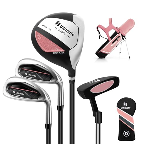 GYMAX Komplettes Golfschläger Set, Komplettsatz mit Golftasche & Regenhaube, inkl. 1 Driver, 7er-Eisen, S-Eisen & Putter, Golf Set für Kinder 8–10 Jahren(Rosa) von GYMAX