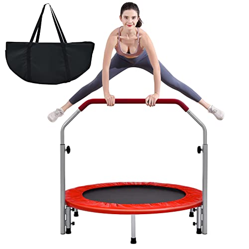 GYMAX Ø101 cm Mini Trampolin klappbar, Fitness Trampolin mit 4-stufig verstellbarem Haltegriff, Gartentrampolin inkl. Tragetasche, Kindertrampolin bis 150 kg belastbar, für Erwachsene & Kinder (Rot) von GYMAX