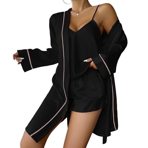 GYSMRIWG 3 -Teiliges Pyjamas Set Gegen Neck -Pyjama Frauen Loungewear Mit Hosen Frauenpyjama Loungewear-Schwarz -L von GYSMRIWG