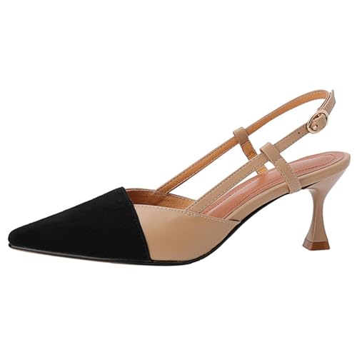 GZHMMAN Damen-High-Heel-Sandalen mit Spitzer Zehenpartie und Kitten-Heel Dünne Fersenkappe Zehen-Slingback-Schnalle Lederspleißung Absatzhöhe 6 cm,Apricot,41 von GZHMMAN