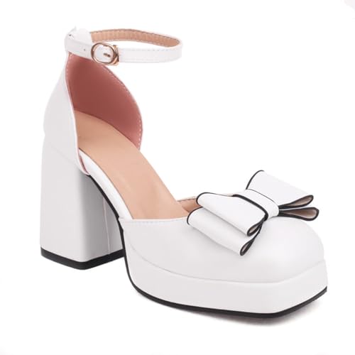 GZHMMAN Damen Hohle Sandalen Pumps Hoher Absatz Quadratischer Kopf Dicke Sohle Dicker Absatz Fliege Schnallenriemen 9CM Hoch,White,39 von GZHMMAN