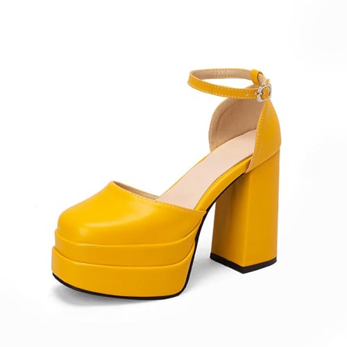 GZHMMAN Damen-Hohlsandalen mit Hohem Absatz Quadratischer Zehenbereich, Dicker Absatz, Doppellagiger Wasserdichter Plateau-Knöchelriemen Absatzhöhe 12 cm,Yellow,46 von GZHMMAN