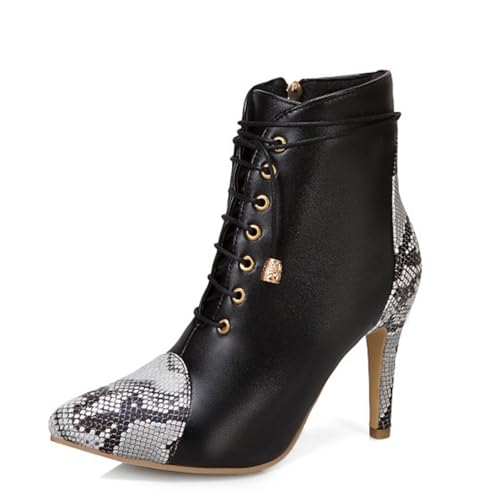 GZHMMAN Damen-Kniestiefel Stylische Schlangenmuster Spitzen Stilettos mit Vorderbündeln und Seitlichem Reißverschluss 9 cm Absätze Perfekt Zu Jeans und Kleidern,Black,45 von GZHMMAN