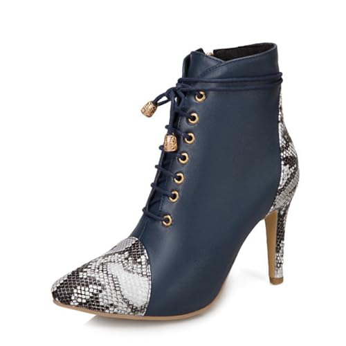 GZHMMAN Damen-Kniestiefel Stylische Schlangenmuster Spitzen Stilettos mit Vorderbündeln und Seitlichem Reißverschluss 9 cm Absätze Perfekt Zu Jeans und Kleidern,Blue,39 von GZHMMAN