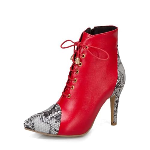 GZHMMAN Damen-Kniestiefel Stylische Schlangenmuster Spitzen Stilettos mit Vorderbündeln und Seitlichem Reißverschluss 9 cm Absätze Perfekt Zu Jeans und Kleidern,Red,34 von GZHMMAN