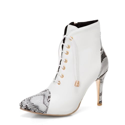 GZHMMAN Damen-Kniestiefel Stylische Schlangenmuster Spitzen Stilettos mit Vorderbündeln und Seitlichem Reißverschluss 9 cm Absätze Perfekt Zu Jeans und Kleidern,White,39 von GZHMMAN