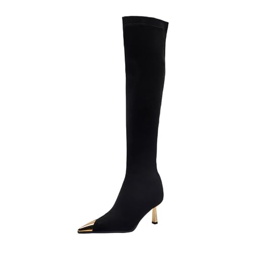 GZHMMAN Damen-Overknee-Stiefel aus Metall, spitz, Oberschenkelstiefel, Trapez, Stiletto, seitlicher Reißverschluss, Absatzhöhe: 7 cm, elegant und vielseitig, für Pendler, Freizeit, schwarzes von GZHMMAN