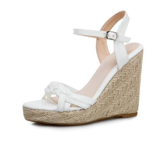 GZHMMAN Damen-Plateau-Keilsandalen mit Hohem Absatz Offener Slingback-Riemen mit Geflochtener Drehschnalle Einteiliger Plateau-Absatz Aus Leinen, 11 cm Hoch,White,44 von GZHMMAN