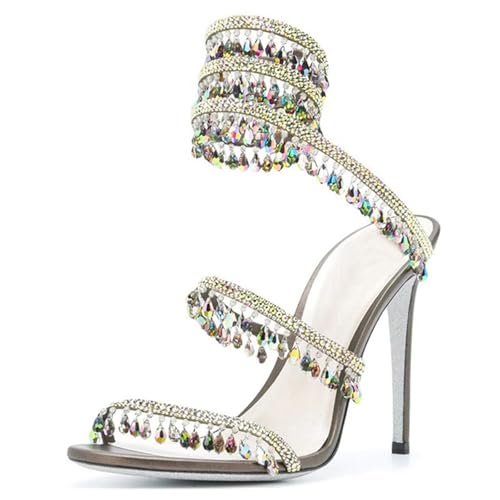 GZHMMAN Damen-Sandalen, Absatz, doppelte Knöchelriemen mit Strass-Kristall-Anhänger, verstellbare Schlangenriemen, Höhe 10 cm, Blumenmuster, 38 cm von GZHMMAN