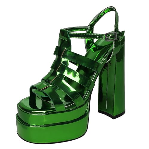 GZHMMAN Damen-Sandalen Aus Lackleder Hohem Absatz Quadratische Zehenpartie Dicker Absatz Doppellagiges Wasserdichtes Plateau Mehreren Riemen Schnallen Absatzhöhe 15CM,Green,41 von GZHMMAN