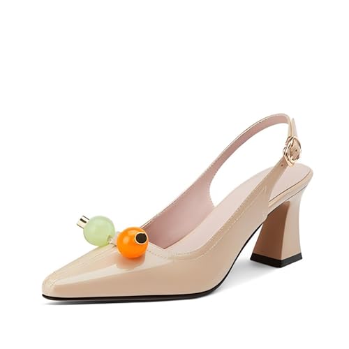 GZHMMAN Damen-Sandalen Aus Lackleder mit Hohem Absatz und Trapezförmigem Absatz Spitze Zehenpartie Slingback Schnallenriemen Zweifarbige Kugelverzierung Absatzhöhe 7CM,Apricot,36 von GZHMMAN