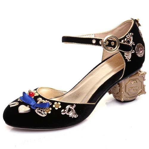 GZHMMAN Damen-Sandalen Aus Wildleder mit Runder Zehenpartie und Dickem Absatz Schnallenriemen Verziert mit Blumen Schleifen und Blättern Absatzhöhe 5CM,Black,43 von GZHMMAN