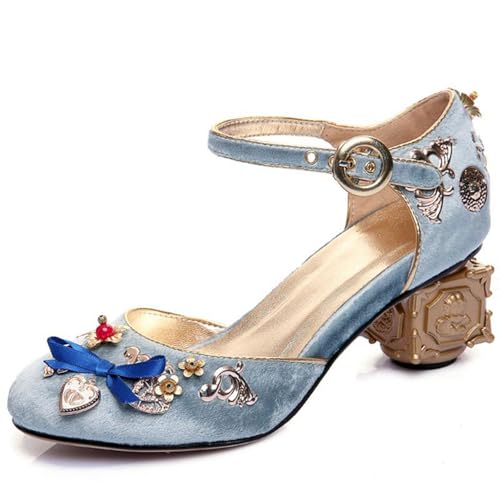 GZHMMAN Damen-Sandalen Aus Wildleder mit Runder Zehenpartie und Dickem Absatz Schnallenriemen Verziert mit Blumen Schleifen und Blättern Absatzhöhe 5CM,Blue,43 von GZHMMAN