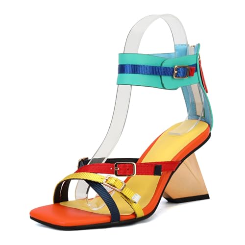 GZHMMAN Damen-Sandalen Hohem Absatz Mehreren Gurtschnallenriemen Quadratischer Zehenbereich Offener Zehenbereich Colorblock-Absatz Reißverschluss Hinten Absatzhöhe 7CM,Orange,35 von GZHMMAN